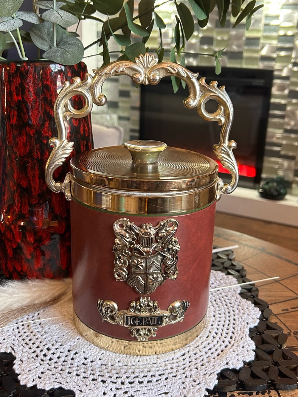 Vintage 1970s Burgundy Faux Leather Ice Bucket | Ornate Gold Handle, Made Japan